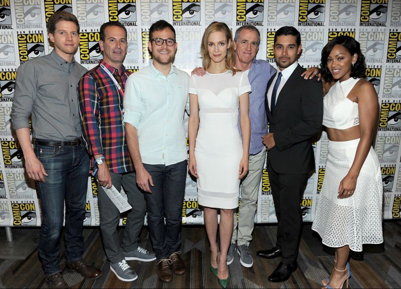 FOX FANFARE AT SAN DIEGO COMIC-CON © 2015: L-R: MINORITY REPORT Cast member Stark Sands, Executive Producers Darryl Frank and Max Borenstein, cast member Laura Regan, Executive Producer Kevin Falls and cast members Wilmer Valderrama and Meagan Good during the MINORITY REPORT press line on Friday, July 10 at the FOX FANFARE AT SAN DIEGO COMIC-CON © 2015. CR: Frank Micelotta/FOX © 2015 FOX BROADCASTING