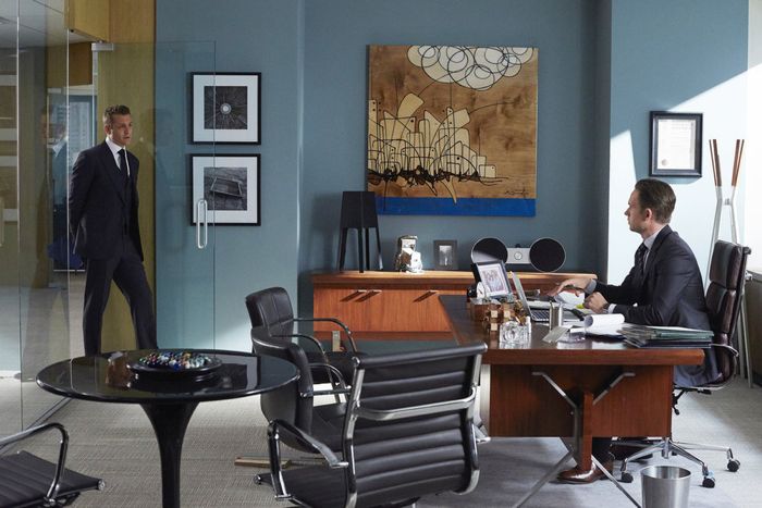 SUITS -- "Toe to Toe" Episode 505 -- Pictured: (l-r) Gabriel Macht as Harvey Specter, Patrick J. Adams, as Michael Ross -- (Photo by: Shane Mahood/USA Network)