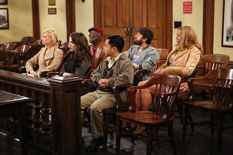 "And the Wrecking Ball" -- Max and Caroline team up with the diner staff in a frantic attempt to keep their businesses open when the city targets Han's diner and their cupcake window for destruction. Also, Sophie and Oleg announce that they are trying to have a baby, on the fifth season premiere of 2 BROKE GIRLS, Thursday, November 12 (9:30-10:00 PM, ET/PT) on the CBS Television Network. From left, Caroline Channing (Beth Behrs), Max Black (Kat Dennings), Earl (Garrett Morris), Han Lee (Matthew Moy), Oleg (Jonathan Kite) and Sophie (Jennifer Coolidge), shown. Photo: Monty Brinton/CBS é2015 CBS Broadcasting, Inc. All Rights Reserved