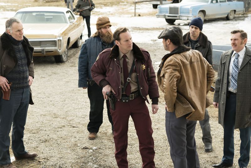 FARGO -- “The Myth of Sisyphus” -- Episode 203 (Airs October 26, 10:00 pm e/p) Pictured: (l-r, front-row) Patrick Wilson as Lou Solverson, Jeffrey Donovan as Dodd Gerhardt, Keir O'Donnell as Ben Schmidt. CR: Chris Large/FX
