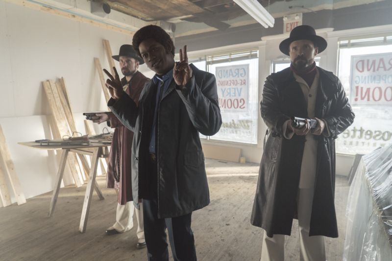 FARGO -- “The Myth of Sisyphus” -- Episode 203 (Airs October 26, 10:00 pm e/p) Pictured: (l-r) Brad Mann as Gale Kitchen, Bokeem Woodbine as Mike Milligan, Todd Mann as Wayne Kitchen. CR: Chris Large/FX
