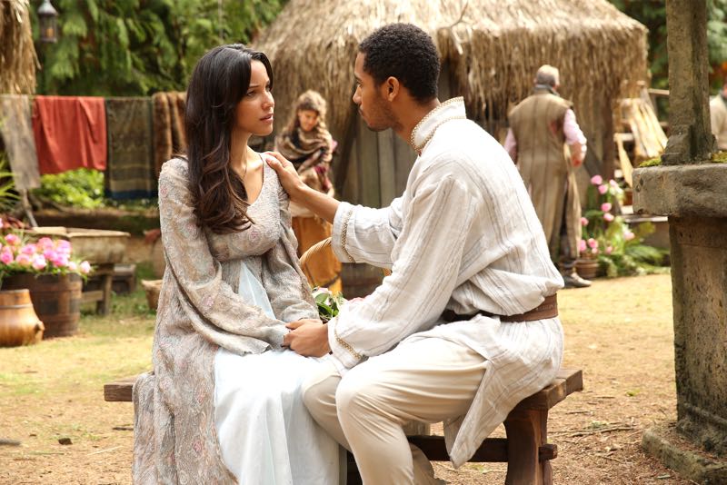 ONCE UPON A TIME - "Nimue" - In Camelot, Merlin spearheads a mission to reunite the dagger with Excalibur so he can use the weapon to save Emma from the darkness threatening her soul. With Zelena in tow, Hook, Mary Margaret, David, Regina and Robin steal into Arthur's castle to take the broken sword from the maniacal king. Meanwhile, Merlin brings Emma along on a journey to confront his ancient nemesis and retrieve the sacred spark he'll need to reforge Excalibur. Both parties are tested, but one suffers a blow that could derail the entire operation. In a flashback to long before the Age of Arthur, young Merlin finds purpose after he is blessed with magic and immortality, but when he falls in love with a young refugee named Nimue, everything changes for Merlin, as their romance starts a chain of events that touches every one of our present day heroes, on "Once Upon a Time," SUNDAY, NOVEMBER 8 (8:00-9:00 p.m., ET) on the ABC Television Network. (ABC/Jack Rowand) CAROLINE FORD, ELLIOT KNIGHT