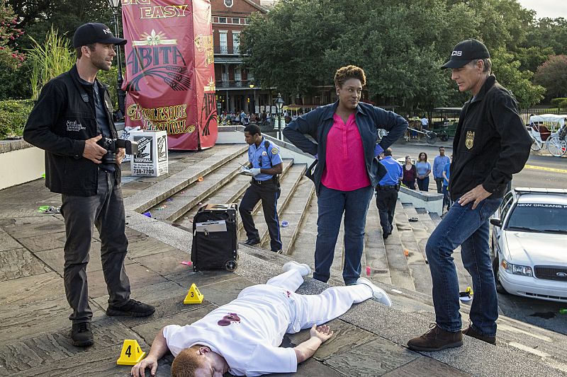 "Aftershocks" -- The NCIS team partners with several federal agencies to track a sniper who is targeting crowded events in the city. Also, FBI Special Agent Tammy Gregorio (new cast member Vanessa Ferlito) arrives to investigate Pride and his team, on the third season premiere of NCIS: New Orleans, Tuesday, Sept. 20 (10:00-11:00 PM, ET/PT), on the CBS Television Network. Pictured L-R: Lucas Black as Special Agent Christopher LaSalle, CCH Pounder as Dr. Loretta Wade, and Scott Bakula as Special Agent Dwayne Pride Photo: Skip Bolen/CBS é2016 CBS Broadcasting, Inc. All Rights Reserved