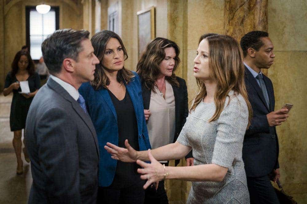 LAW & ORDER: SPECIAL VICTIMS UNIT -- "Imposter" Episode 1803 -- Pictured: (l-r) Raul Esparza as A.D.A. Rafael Barba, Mariska Hargitay as Lieutenant Olivia Benson, Paula Marshall as Laura Collett -- (Photo by: Michael Parmelee/NBC)