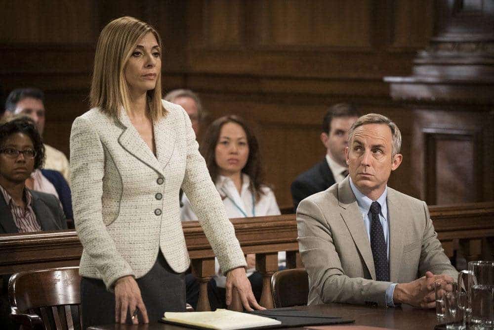 LAW & ORDER: SPECIAL VICTIMS UNIT -- "Imposter" Episode 1803 -- Pictured: (l-r) Callie Thorne as Counselor Katherine Drexler, Wallace Langham as Tom Metcalf -- (Photo by: Michael Parmelee/NBC)