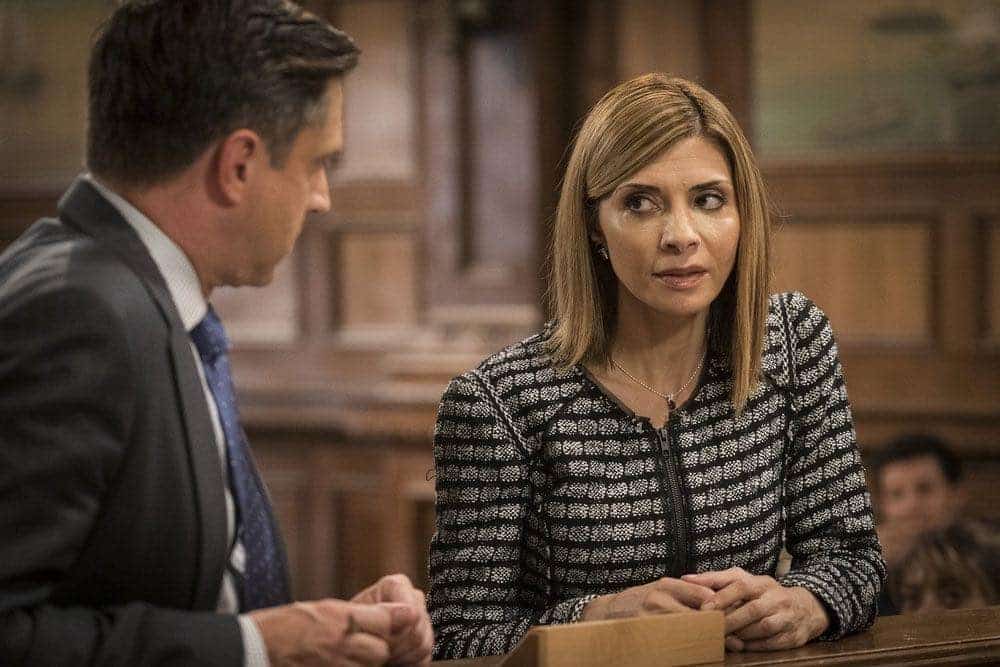 LAW & ORDER: SPECIAL VICTIMS UNIT -- "Imposter" Episode 1803 -- Pictured: (l-r) Raul Esparza as A.D.A. Rafael Barba, Callie Thorne as Counselor Katherine Drexler -- (Photo by: Michael Parmelee/NBC)