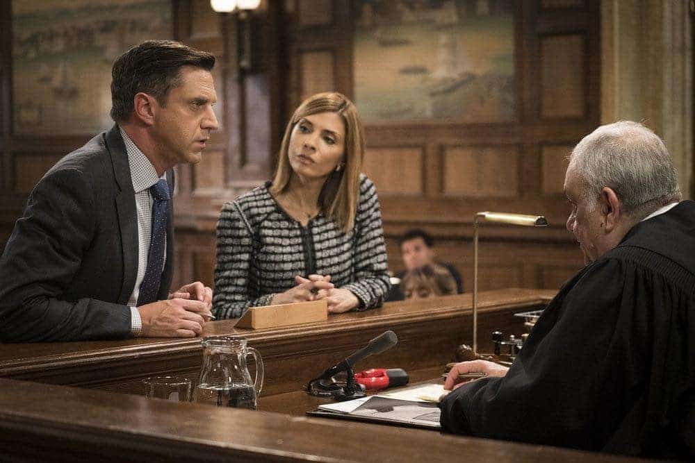 LAW & ORDER: SPECIAL VICTIMS UNIT -- "Imposter" Episode 1803 -- Pictured: (l-r) Raul Esparza as A.D.A. Rafael Barba, Callie Thorne as Counselor Katherine Drexler, Vincent Curatola as Judge Al Bertuccio -- (Photo by: Michael Parmelee/NBC)