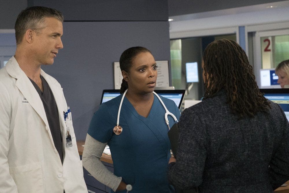 CHICAGO MED -- "Brother's Keeper" Episode 204 -- Pictured: (l-r) Jeff Hephner as Jeff Clarke, Marlyne Barrett as Maggie Lockwood -- (Photo by: Elizabeth Sisson/NBC)