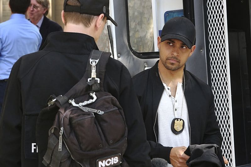 "Privileged Information" -- When the NCIS team investigates a marine sergeant's tragic fall from a building, her doctor, Grace Confalone (Laura San Giacomo), confides in Gibbs and suggests he treat it as a murder investigation. Also, Torres searches for a place to live, on NCIS, Tuesday, Oct. 4 (8:00-9:00 PM, ET/PT), on the CBS Television Network. Pictured: Sean Murray, Wilmer Valderrama. Photo: Patrick McElhenney/CBS é2016 CBS Broadcasting, Inc. All Rights Reserved