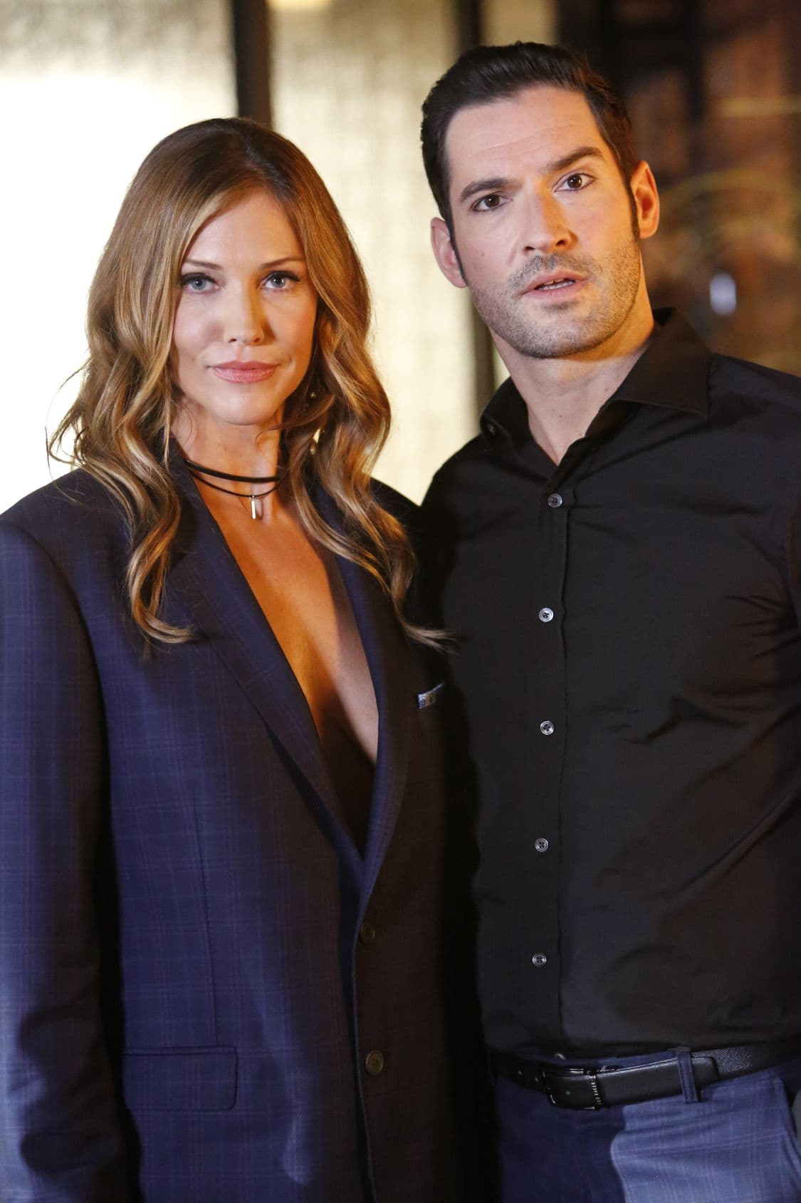 LUCIFER: L-R: Tricia Helfer and Tom Ellis in the “Liar, Liar, Slutty Dress on Fire” episode of LUCIFER airing Monday, Oct. 3 (9:01-10:00 PM ET/PT) on FOX. Cr: Bettina Strauss/FOX.