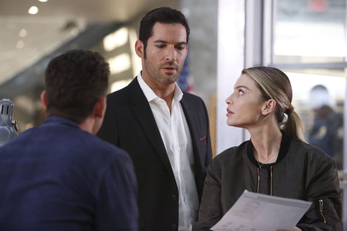 LUCIFER: L-R: Kevin Alejandro, Tom Ellis and Lauren German in the “Liar, Liar, Slutty Dress on Fire” episode of LUCIFER airing Monday, Oct. 3 (9:01-10:00 PM ET/PT) on FOX. Cr: Bettina Strauss/FOX.