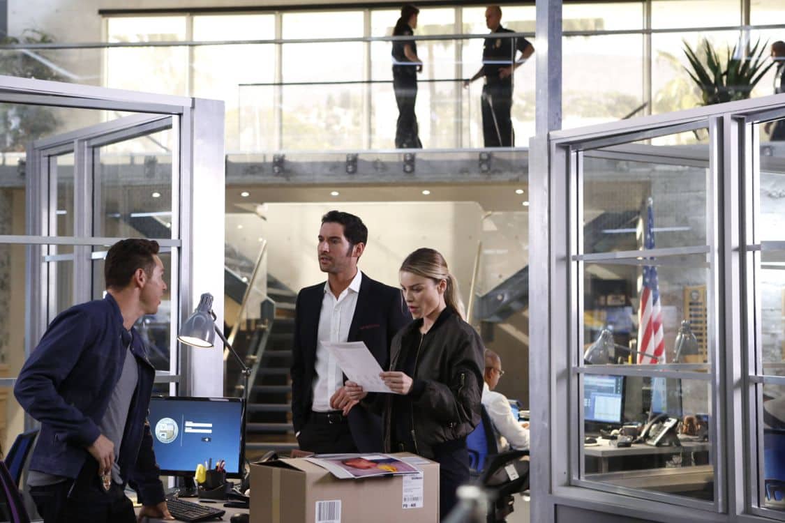 LUCIFER: L-R: Kevin Alejandro, Tom Ellis and Lauren German in the “Liar, Liar, Slutty Dress on Fire” episode of LUCIFER airing Monday, Oct. 3 (9:01-10:00 PM ET/PT) on FOX. Cr: Bettina Strauss/FOX.