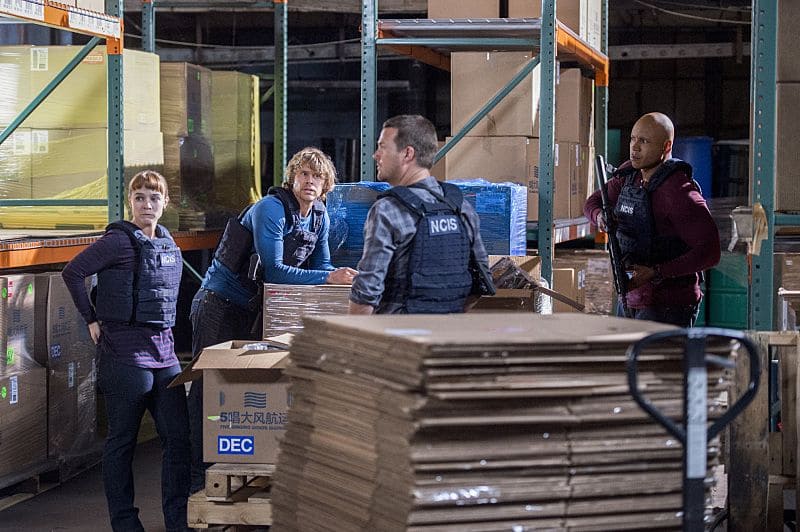 "Black Market" -- Pictured: Renée Felice Smith (Intelligence Analyst Nell Jones), Eric Christian Olsen (LAPD Liaison Marty Deeks), Chris O'Donnell (Special Agent G. Callen) and LL COOL J (Special Agent Sam Hanna). After a Homeland Security agent is poisoned by a notorious Triad assassin, NCIS uncovers a warehouse of counterfeit purses and a money trail to stolen government funds. Also, Nell joins the team in the field, on NCIS: LOS ANGELES, Sunday, Oct. 16 (8:00-9:00 PM, ET/PT), on the CBS Television Network. Photo: Neil Jacobs/CBS é2016 CBS Broadcasting, Inc. All Rights Reserved.