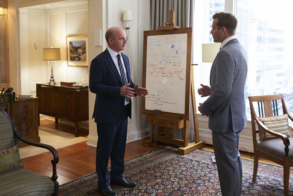 SUITS -- "P.S.L." Episode 610 -- Pictured: (l-r) Gabriel Macht as Harvey Specter -- (Photo by: Shane Mahood/USA Network)