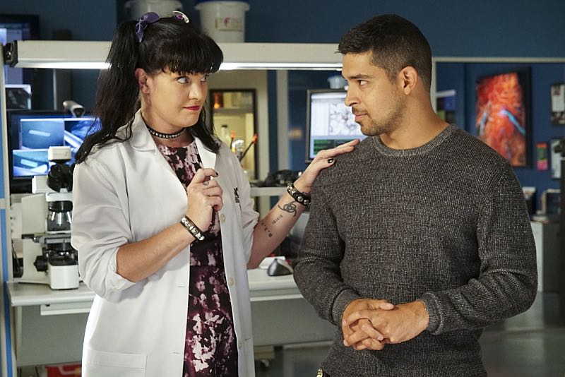 "Philly" -- When a missing MI6 Officer is linked to a murdered petty officer, Gibbs sends Quinn and Bishop to Philadelphia to work with MI6 Officer Clayton Reeves (Duane Henry). Also, Quinn painfully recounts the NCIS case that made her leave field work, on NCIS, Tuesday, Oct. 18 (8:00-9:00 PM, ET/PT), on the CBS Television Network. Pictured: Pauley Perrette, Wilmer Valderrama. Photo: Bill Inoshita/CBS é2016 CBS Broadcasting, Inc. All Rights Reserved