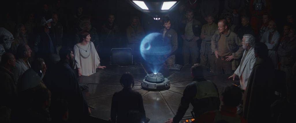 Rogue One: A Star Wars Story Rebel Base L to R: Mon Mothma, Cassian Andor, General Draven and Dodanna) Photo credit: Lucasfilm/ILM ©2016 Lucasfilm Ltd. All Rights Reserved.