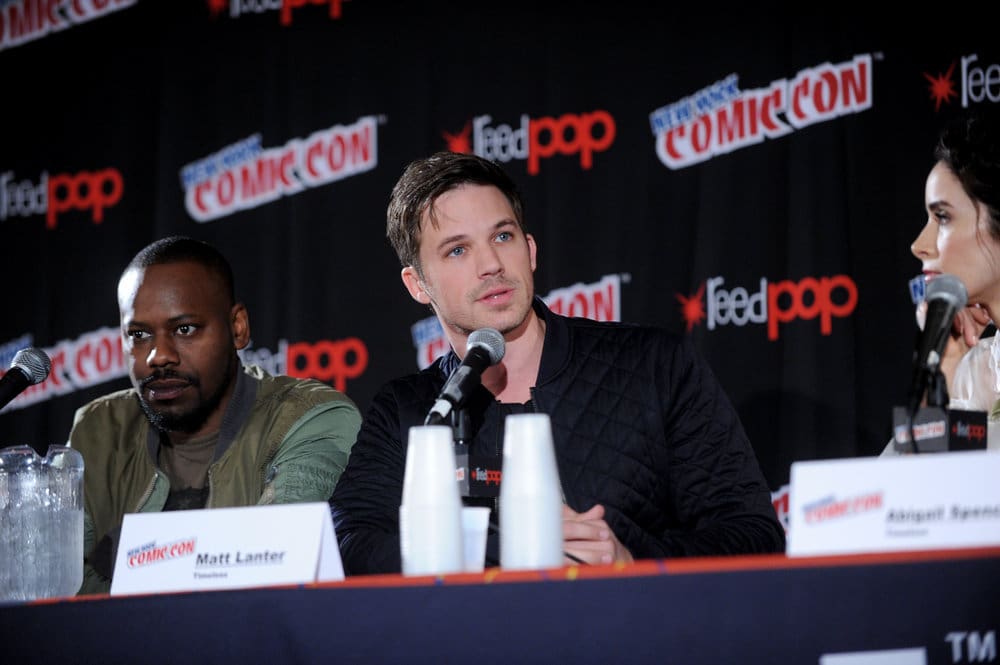 NEW YORK COMIC CON 2016 -- "Timeless" Panel -- Pictured: (l-r) Malcolm Barrett, Matt Lanter, Abigail Spencer on Sunday, October 9, 2016 from the Javits Center in New York, NY -- (Photo by: Brad Barket/NBC)