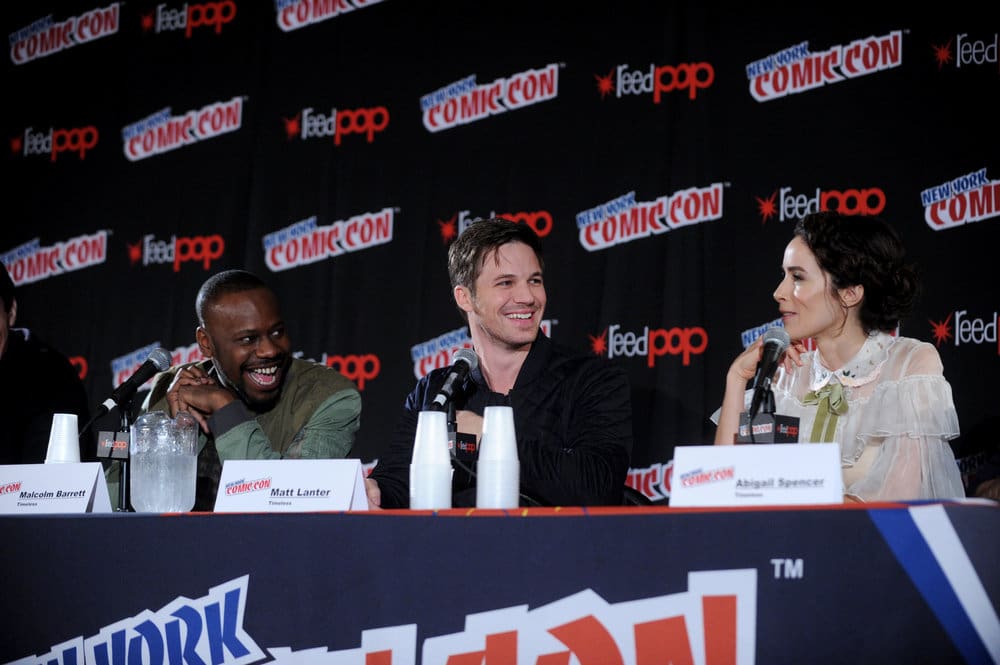 NEW YORK COMIC CON 2016 -- "Timeless" Panel -- Pictured: (l-r) Malcolm Barrett, Matt Lanter, Abigail Spencer on Sunday, October 9, 2016 from the Javits Center in New York, NY -- (Photo by: Brad Barket/NBC)