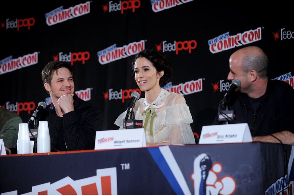 NEW YORK COMIC CON 2016 -- "Timeless" Panel -- Pictured: (l-r) Matt Lanter, Abigail Spencer, Executive Producer Eric Kripke on Sunday, October 9, 2016 from the Javits Center in New York, NY -- (Photo by: Brad Barket/NBC)