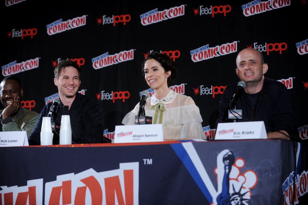 NEW YORK COMIC CON 2016 -- "Timeless" Panel -- Pictured: (l-r) Malcolm Barrett, Matt Lanter, Abigail Spencer, Executive Producer Eric Kripke on Sunday, October 9, 2016 from the Javits Center in New York, NY -- (Photo by: Brad Barket/NBC)
