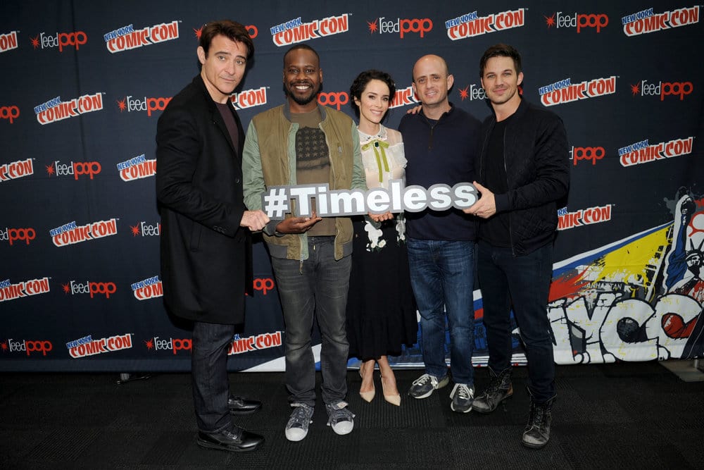 NEW YORK COMIC CON 2016 -- "Timeless" Press Room -- Pictured: (l-r) Goran Visnjic, Malcolm Barrett, Abigail Spencer, Executive Producer Eric Kripke, Matt Lanter on Sunday, October 9, 2016 from the Javits Center in New York, NY -- (Photo by: Brad Barket/NBC)