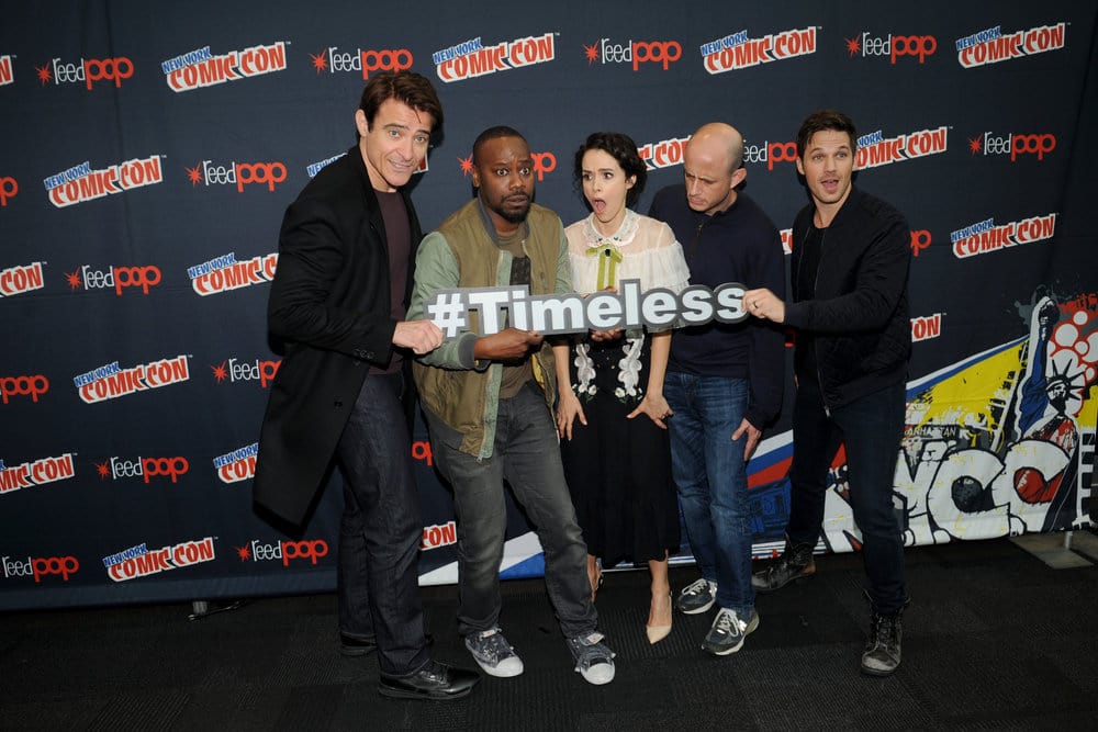 NEW YORK COMIC CON 2016 -- "Timeless" Press Room -- Pictured: (l-r) Goran Visnjic, Malcolm Barrett, Abigail Spencer, Executive Producer Eric Kripke, Matt Lanter on Sunday, October 9, 2016 from the Javits Center in New York, NY -- (Photo by: Brad Barket/NBC)