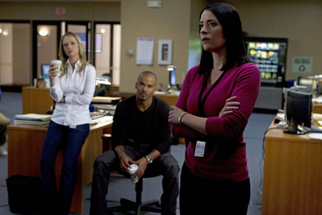 A Thin Line-- For Emily Prentiss (Paget Brewster, right), this latest case of home invasions and murders in California means the BAU team including Jennifer JJ Jareau (AJ Cook, left) and Derek Morgan (Shemar Moore) must figure out who and why, on CRIMINAL MINDS, Wednesday, February 22 (9:00-10:00 PM, ET/PT) on the CBS Television Network. Photo: Cliff Lipson/CBS ©2012 CBS Broadcasting Inc. All Rights Reserved. A Thin Line-- For Emily Prentiss (Paget Brewster, right), this latest case of home invasions and murders in California means the BAU team including Jennifer JJ Jareau (AJ Cook, left) and Derek Morgan (Shemar Moore) must figure out who and why, on CRIMINAL MINDS, Wednesday, February 22 (9:00-10:00 PM, ET/PT) on the CBS Television Network. Photo: Cliff Lipson/CBS ©2012 CBS Broadcasting Inc. All Rights Reserved.