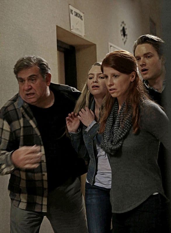 Person of Interest Season 2 Episode 17 Proteus Reese and Finch try to identify a killer among a group of local residents (l-r: Dan Lauria, Hayley Treider, Mandy Siegfried and Timothy Sekk