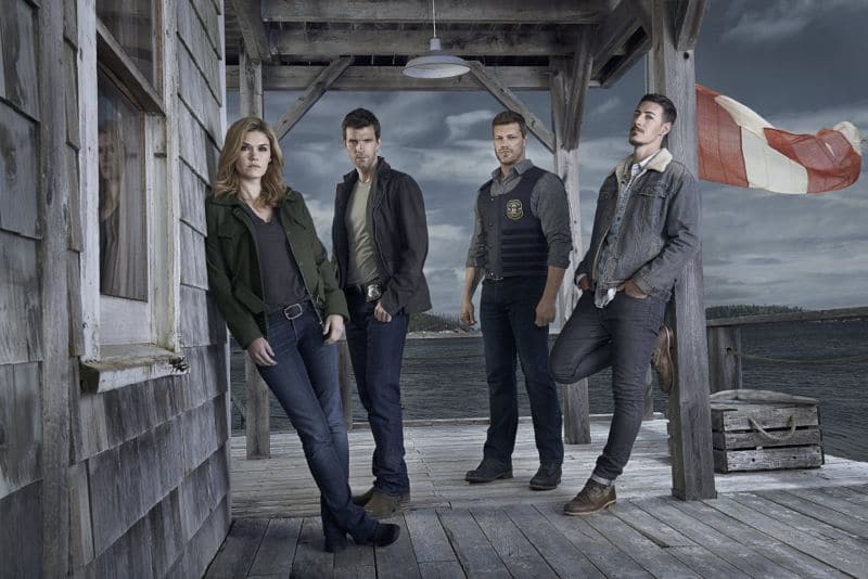Haven Season 5 Emily Rose as Audrey Parker, Lucas Bryant as Nathan Wuornos, Adam Copeland as Dwight Hendrickson, Eric Balfour as Duke Crocker Haven Season 5 Cast Photo