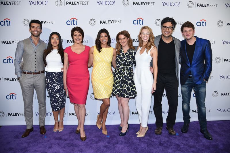 Justin Baldoni, Gina Rodriguez, Ivonne Coll, Andrea Navedo, Executive Producer/Showrunner Jennie Urman, Yael Grobglas, Jaime Camil, and Brett Dier arrive at PALEYFEST LA 2015