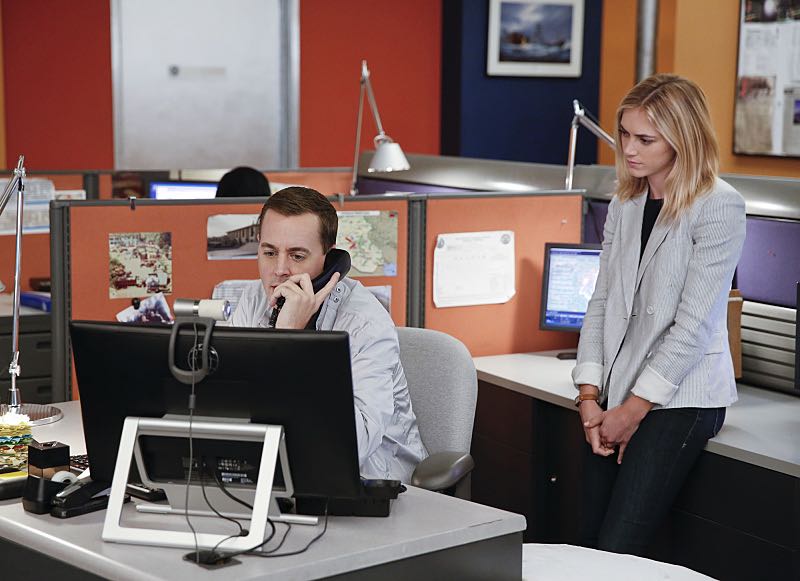 "Stop the Bleeding" -- Gibbs fights for his life aboard a Navy hospital ship after being shot, while DiNozzo and Joanna Teague travel to Shanghai to try and take down the Calling, on the 13th season premiere of NCIS, Tuesday, Sept. 22 (8:00-9:00 PM, ET/PT), on the CBS Television Network. Pictured left to right: Sean Murray and Emily Wickersham Photo: Monty Brinton/CBS é2015 CBS Broadcasting, Inc. All Rights Reserved