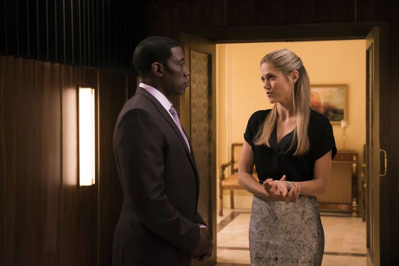 THE PLAYER -- "The Norseman" Episode 105 -- Pictured: (l-r) Wesley Snipes as Mr. Johnson, Charity Wakefield as Cassandra -- (Photo by: Brandon Hickman/NBC)