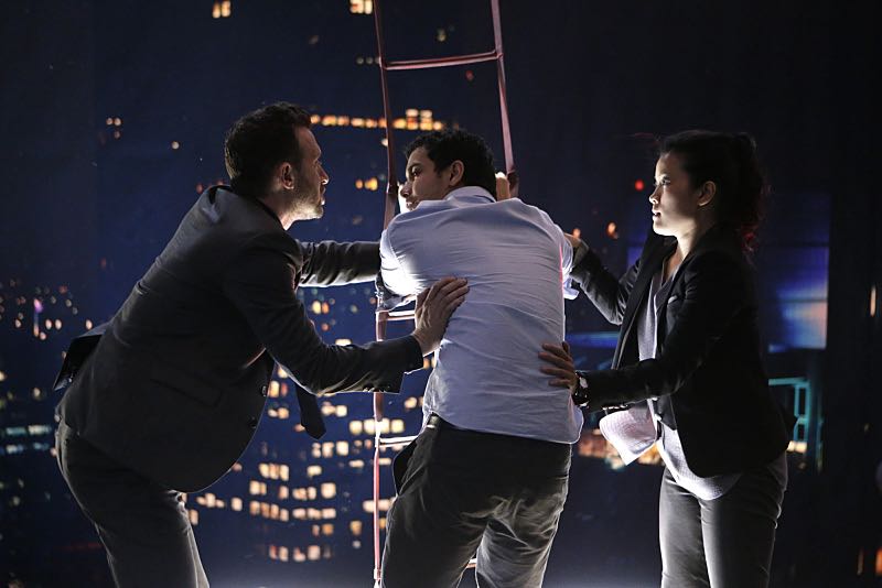 "Tech, Drugs, and Rock 'n Roll" -- Walter's attempt to 'normalize' goes horribly wrong when a nefarious virus is loaded onto his computer, turning Team Scorpion's new 'smart' building project into a burning death trap with people locked inside, on a special 90 minute episode of SCORPION, Monday October 26 (9:30-11:00 PM, ET/PT) on the CBS Television Network. Pictured:Eddie Kaye Thomas as Toby Curtis, Elyes Gable as Walter O'Brien, Jadyn Wong as Happy Quinn. Photo: Sonja Flemming/CBS é2015 CBS Broadcasting, Inc. All Rights Reserved