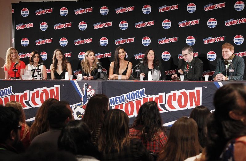 PRETTY LITTLE LIARS - Lucy Hale, Shay Mitchell, Ashley Benson, Troian Bellisario and Sasha Pieterse as well as Executive producers Marlene King, Oliver Goldstick and Joseph Dougherty assemble at Comic-Con New York to preview the new mystery facing the girls when "Pretty Little Liars" returns in January 2016. (ABC Family/Lou Rocco) SASHA PIETERSE, LUCY HALE, TROIAN BELLISARIO, ASHLEY BENSON, SHAY MITCHELL, MARLENE KING, OLIVER GOLDSTICK, JOSEPH DOUGHERTY
