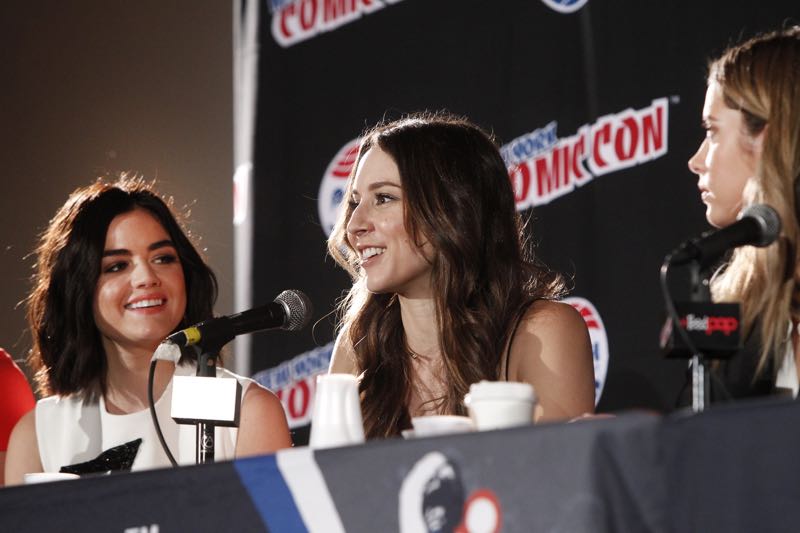 PRETTY LITTLE LIARS - Lucy Hale, Shay Mitchell, Ashley Benson, Troian Bellisario and Sasha Pieterse as well as Executive producers Marlene King, Oliver Goldstick and Joseph Dougherty assemble at Comic-Con New York to preview the new mystery facing the girls when "Pretty Little Liars" returns in January 2016. (ABC Family/Lou Rocco) LUCY HALE, TROIAN BELLISARIO, ASHLEY BENSON
