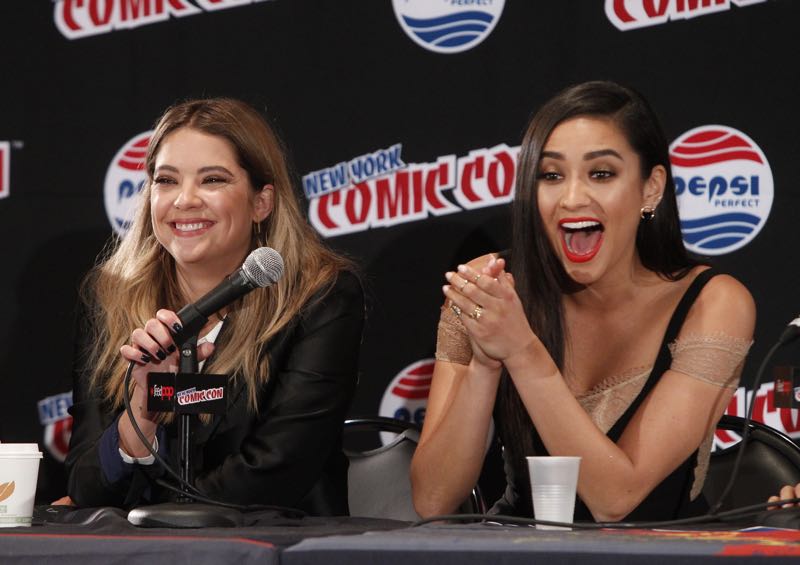 PRETTY LITTLE LIARS - Lucy Hale, Shay Mitchell, Ashley Benson, Troian Bellisario and Sasha Pieterse as well as Executive producers Marlene King, Oliver Goldstick and Joseph Dougherty assemble at Comic-Con New York to preview the new mystery facing the girls when "Pretty Little Liars" returns in January 2016. (ABC Family/Lou Rocco) ASHLEY BENSON, SHAY MITCHELL