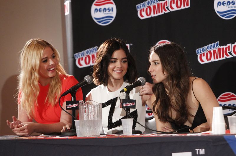PRETTY LITTLE LIARS - Lucy Hale, Shay Mitchell, Ashley Benson, Troian Bellisario and Sasha Pieterse as well as Executive producers Marlene King, Oliver Goldstick and Joseph Dougherty assemble at Comic-Con New York to preview the new mystery facing the girls when "Pretty Little Liars" returns in January 2016. (ABC Family/Lou Rocco) SASHA PIETERSE, LUCY HALE, TROIAN BELLISARIO, ASHLEY BENSON, SHAY MITCHELL, MARLENE KING, OLIVER GOLDSTICK, JOSEPH DOUGHERTY