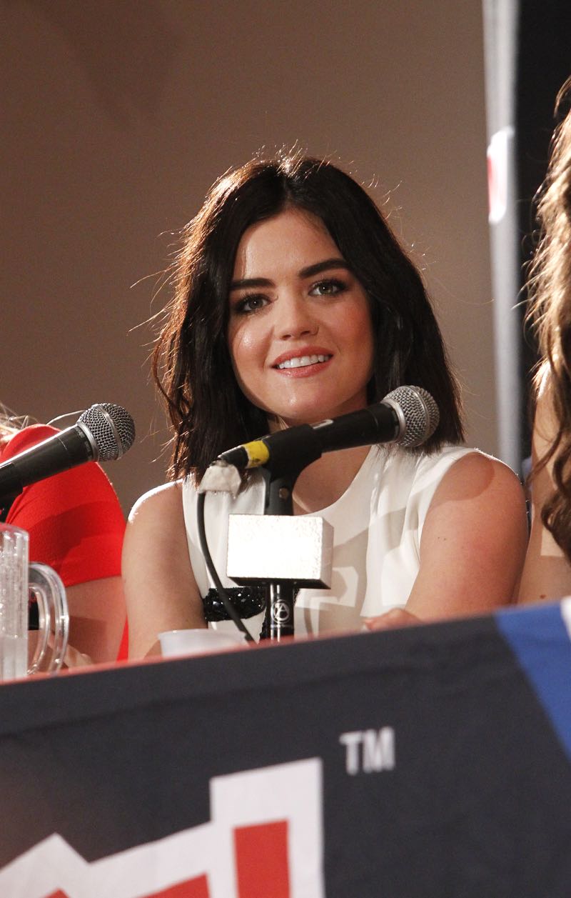 PRETTY LITTLE LIARS - Lucy Hale, Shay Mitchell, Ashley Benson, Troian Bellisario and Sasha Pieterse as well as Executive producers Marlene King, Oliver Goldstick and Joseph Dougherty assemble at Comic-Con New York to preview the new mystery facing the girls when "Pretty Little Liars" returns in January 2016. (ABC Family/Lou Rocco) LUCY HALE