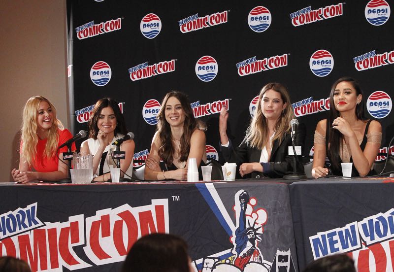 PRETTY LITTLE LIARS - Lucy Hale, Shay Mitchell, Ashley Benson, Troian Bellisario and Sasha Pieterse as well as Executive producers Marlene King, Oliver Goldstick and Joseph Dougherty assemble at Comic-Con New York to preview the new mystery facing the girls when "Pretty Little Liars" returns in January 2016. (ABC Family/Lou Rocco) SASHA PIETERSE, LUCY HALE, TROIAN BELLISARIO, ASHLEY BENSON, SHAY MITCHELL
