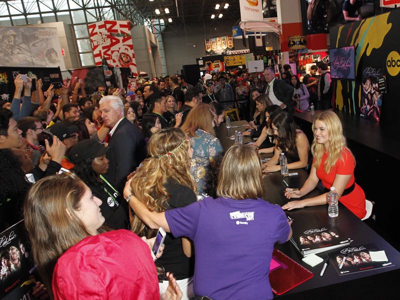 PRETTY LITTLE LIARS - Lucy Hale, Shay Mitchell, Ashley Benson, Troian Bellisario and Sasha Pieterse as well as Executive producers Marlene King, Oliver Goldstick and Joseph Dougherty assemble at Comic-Con New York to preview the new mystery facing the girls when "Pretty Little Liars" returns in January 2016. (ABC Family/Lou Rocco) SASHA PIETERSE, LUCY HALE, TROIAN BELLISARIO, ASHLEY BENSON, SHAY MITCHELL, MARLENE KING, OLIVER GOLDSTICK, JOSEPH DOUGHERTY, JARETT WEISELMAN