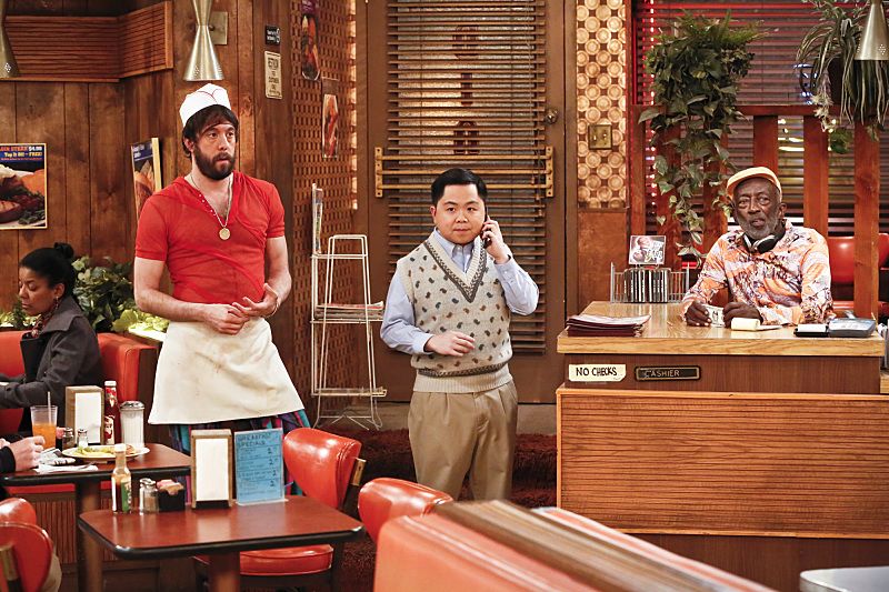 "And the Great Escape" -- Pictured: Oleg (Jonathan Kite), Han Lee (Matthew Moy) and Earl (Garrett Morris). As Max pet sits Randy's dog, Bruno, at his Hollywood Hills home, and Caroline sets up meetings with actresses who are interested in playing her in the potential biopic, Bruno escapes while a cannibalistic serial killer is loose in their neighborhood, on 2 BROKE GIRLS, Thursday, March 10 (9:30-10:00 PM, ET/PT) on the CBS Television Network. Photo: Robert Voets/CBS é2016 CBS Broadcasting, Inc. All Rights Reserved.