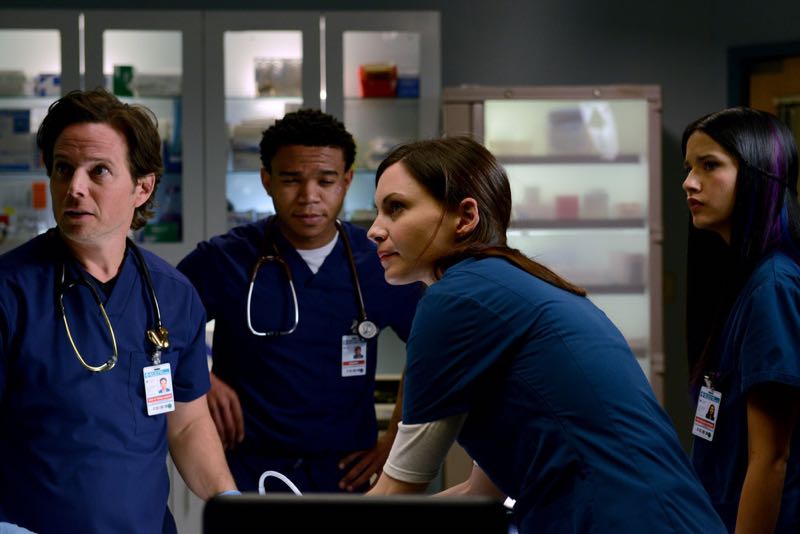 THE NIGHT SHIFT -- "The Times They Are-A-Changin" Episode 301 -- Pictured: (l-r) Scott Wolf as Dr. Scott Clemmens, Robert Bailey Jr. as Dr. Paul Cummings, Tanaya Beatty as Shannon Rivera, Jill Flint as Dr. Jordan Alexander -- (Photo by: Ursula Coyote/NBC)