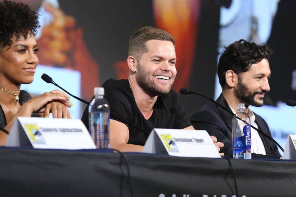 COMIC-CON INTERNATIONAL: SAN DIEGO -- "The Expanse Panel" -- Pictured: (l-r) Dominique Tipper, Wes Chatham, Cas Anvar -- (Photo by: Evans Vestal Ward/Syfy)