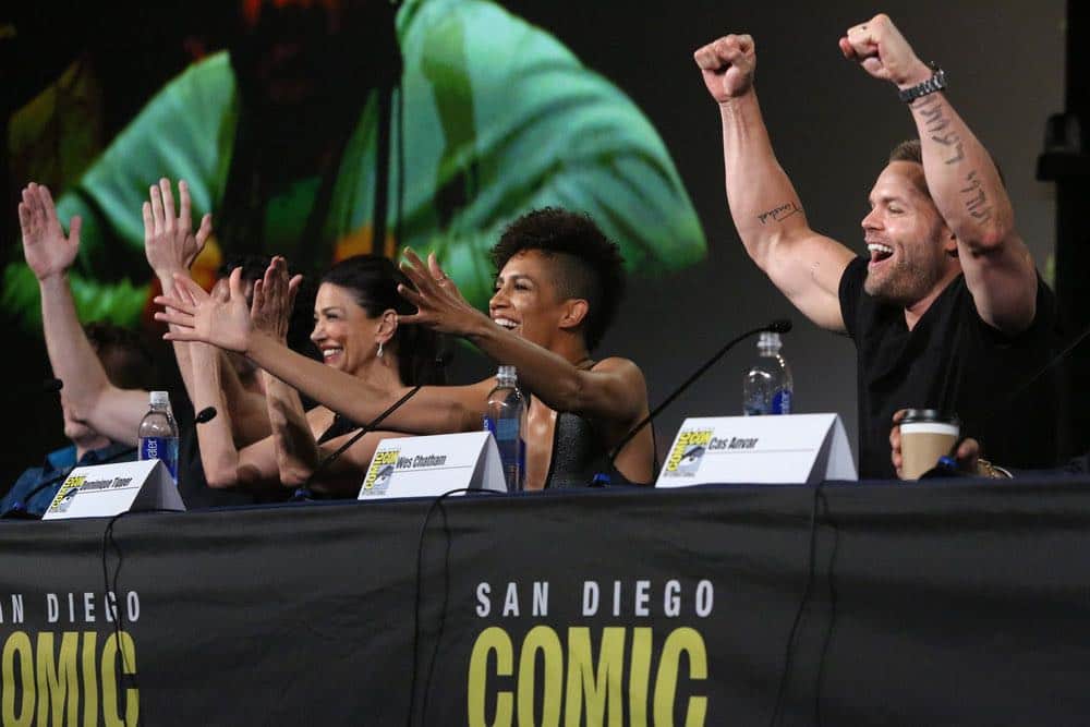 COMIC-CON INTERNATIONAL: SAN DIEGO -- "The Expanse Panel" -- Pictured: (l-r) Shohreh Aghdashloo, Dominique Tipper, Wes Chatham -- (Photo by: Evans Vestal Ward/Syfy)