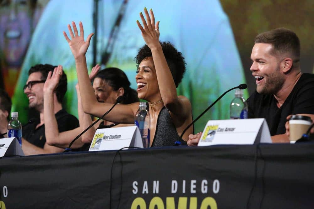COMIC-CON INTERNATIONAL: SAN DIEGO -- "The Expanse Panel" -- Pictured: (l-r) Steven Strait, Shohreh Aghdashloo, Dominique Tipper, Wes Chatham -- (Photo by: Evans Vestal Ward/Syfy)