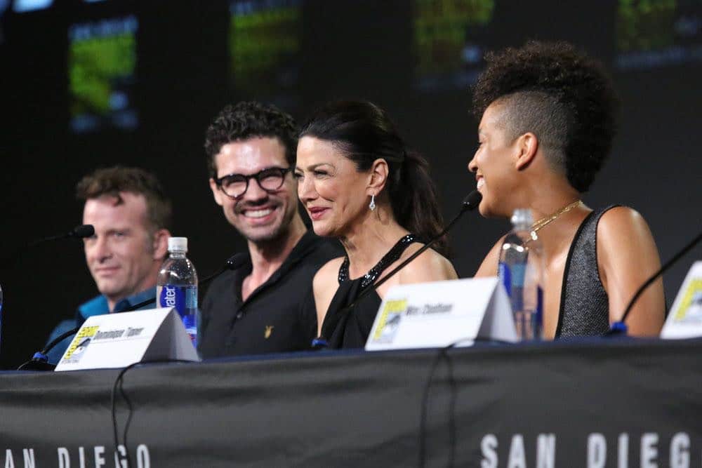 COMIC-CON INTERNATIONAL: SAN DIEGO -- "The Expanse Panel" -- Pictured: (l-r) Thomas Jane, Steven Strait, Shohreh Aghdashloo, Dominique Tipper -- (Photo by: Evans Vestal Ward/Syfy)