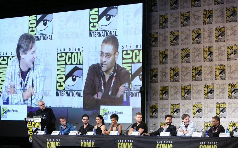 COMIC-CON INTERNATIONAL: SAN DIEGO -- "The Expanse Panel" -- Pictured: (l-r) Adam Savage, Thomas Jane, Steven Strait, Shohreh Aghdashloo, Dominique Tipper, Wes Chatham, Cas Anvar, Executive Producers Mark Fergus, Naren Shankar -- (Photo by: Evans Vestal Ward/Syfy)