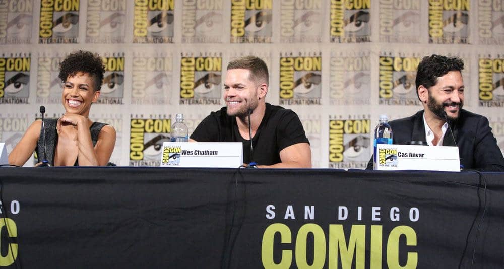 COMIC-CON INTERNATIONAL: SAN DIEGO -- "The Expanse Panel" -- Pictured: (l-r) Dominique Tipper, Wes Chatham, Cas Anvar -- (Photo by: Evans Vestal Ward/Syfy)
