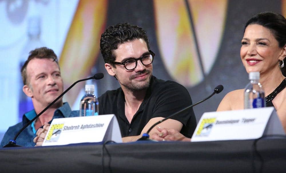 COMIC-CON INTERNATIONAL: SAN DIEGO -- "The Expanse Panel" -- Pictured: (l-r) Thomas Jane, Steven Strait, Shohreh Aghdashloo -- (Photo by: Evans Vestal Ward/Syfy)