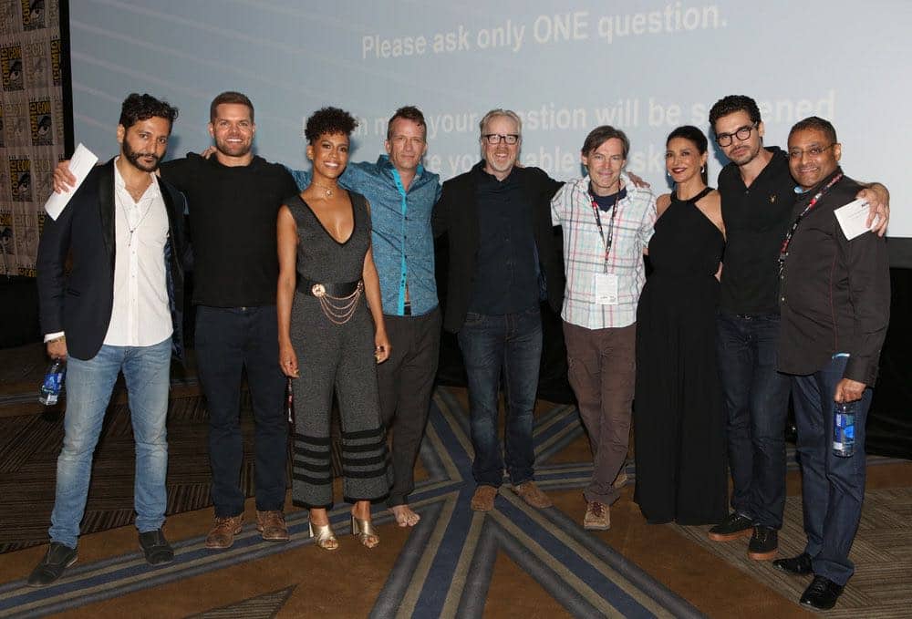 COMIC-CON INTERNATIONAL: SAN DIEGO -- "The Expanse Panel" -- Pictured: (l-r) Cas Anvar, Wes Chatham, Dominique Tipper, Thomas Jane, Adam Savage, Executive Producer Mark Fergus, Shohreh Aghdashloo, Steven Strait, Executive Producer Naren Shankar -- (Photo by: Evans Vestal Ward/Syfy)